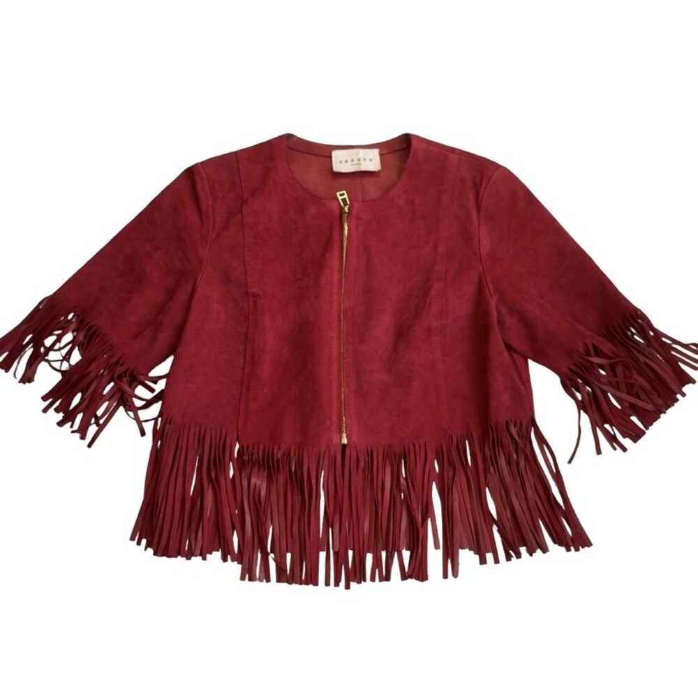 Sandro Paris Red Fringe Leather Jacket Women’s 1 Cropped Zip Jacket
